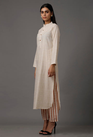 Cream White  Pure Woven Cotton Kurta